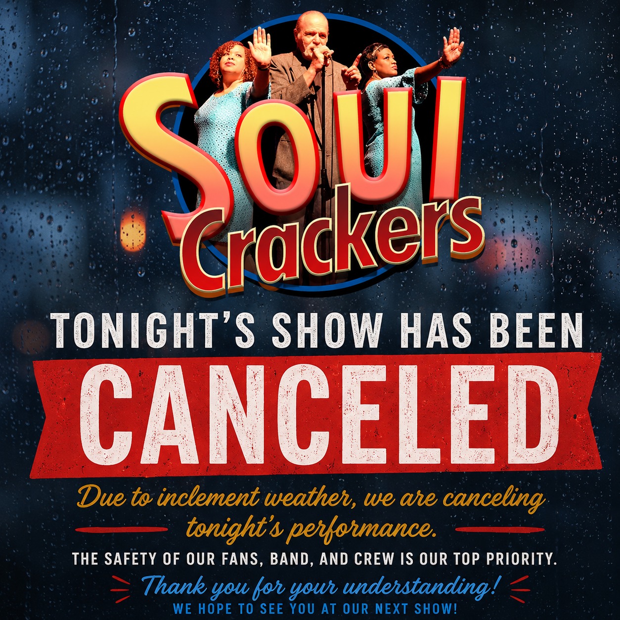 ⛈️ Due to inclement weather, tonight’s performance featuring the Soul Crackers has been canceled. The safety of our audience, performers, and crew remains our top priority as weather conditions continue to impact the area this evening.

We appreciate your understanding and support, and we look forward to welcoming Soul Crackers back to the Bandstand in the future. Stay safe, and thank you for supporting live music in Rehoboth Beach.
