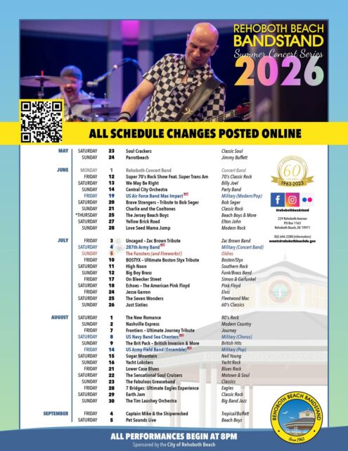 🎵 What are you excited to see at the @rehobothbandstand this summer? We certainly have something for everyone...and did we mention that it is FREE???? We officially begin our new season on June 12th. See you then! ☀️🎸

Remember to always check our main website for schedule changes, artist bios, and promo videos: rehobothbandstand.com