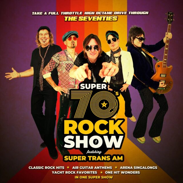 🎸🎵 Get ready for a full-throttle, high-octane drive through the Seventies on Friday, June 12th at 8pm! @super70srockshow_supertransam is an electrifying, immersive concert experience packed with arena anthems and radio hits that defined a generation.

🤩 Playing everything from Foreigner to Boston, Peter Frampton to Doobie Brothers, Journey to Fleetwood Mac, Van Halen to Kiss, Elton John to Alice Cooper and everything in between. All the Classic Rock Hits, Arena Singalongs, Air Guitar Anthems, One Hit Wonders & Yacht Rock Favorites packed into one SUPER show. Buckle your seatbelts, start your engines and come take a RIDE and celebrate the Seventies with SUPER 70’S ROCK SHOW featuring Super Trans Am!!!