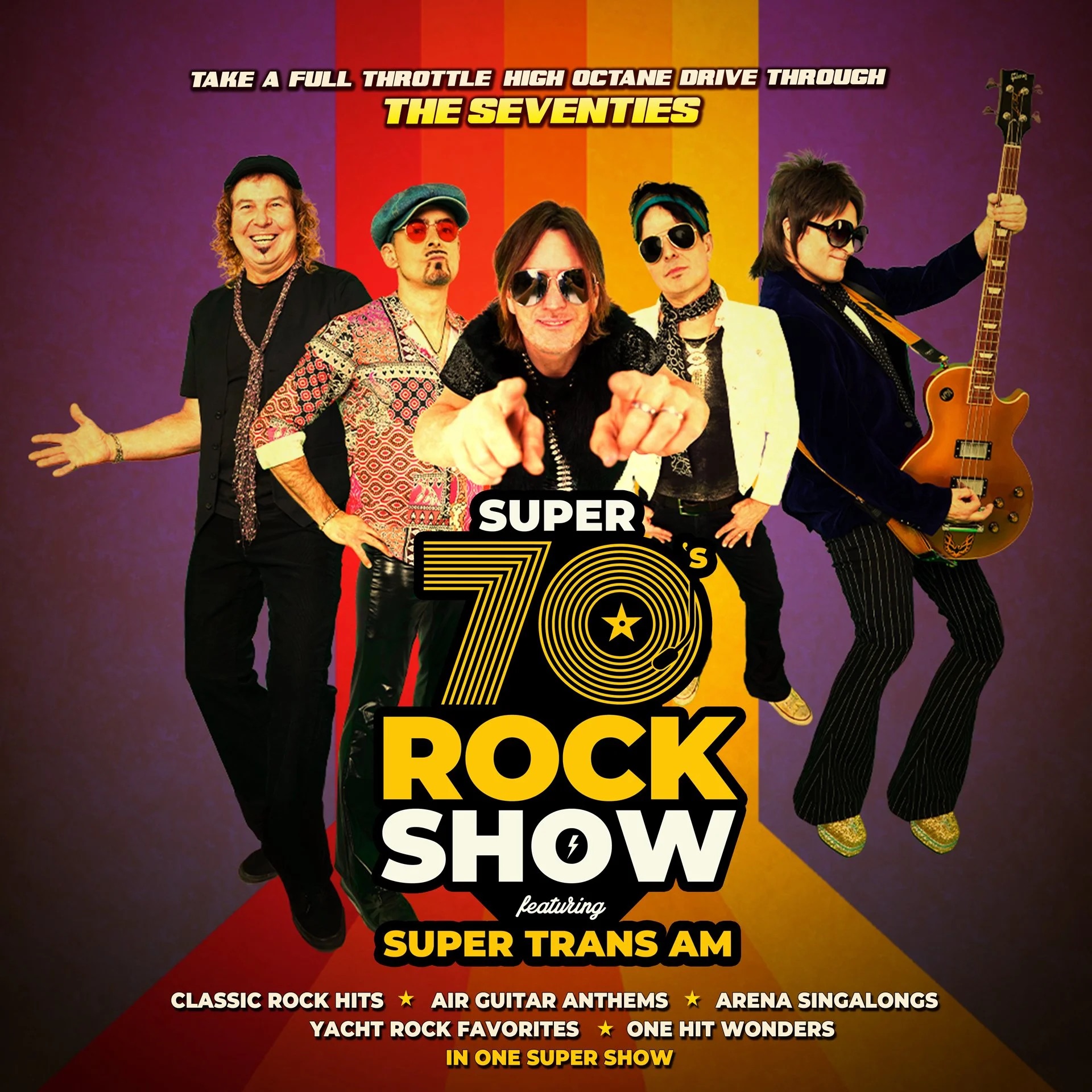 🎸🎵 Get ready for a full-throttle, high-octane drive through the Seventies on Friday, June 12th at 8pm! @super70srockshow_supertransam is an electrifying, immersive concert experience packed with arena anthems and radio hits that defined a generation.

🤩 Playing everything from Foreigner to Boston, Peter Frampton to Doobie Brothers, Journey to Fleetwood Mac, Van Halen to Kiss, Elton John to Alice Cooper and everything in between. All the Classic Rock Hits, Arena Singalongs, Air Guitar Anthems, One Hit Wonders & Yacht Rock Favorites packed into one SUPER show. Buckle your seatbelts, start your engines and come take a RIDE and celebrate the Seventies with SUPER 70’S ROCK SHOW featuring Super Trans Am!!!