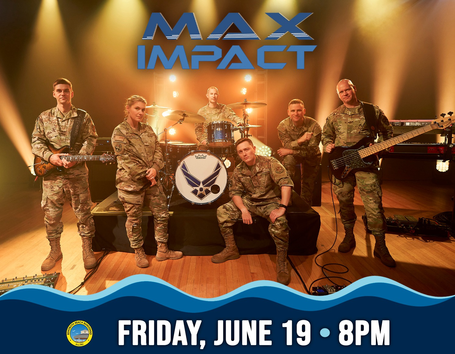🇺🇸✈️🎶 Experience the power and precision of the @usafband Max Impact, the United States Air Force's premier rock band!

Join us Friday at 8:00 PM as Max Impact takes the stage at the @rehobothbandstand. Featuring world-class musicians and an electrifying mix of rock, pop, country, and patriotic favorites, Max Impact delivers a high-energy performance that entertains audiences of all ages.