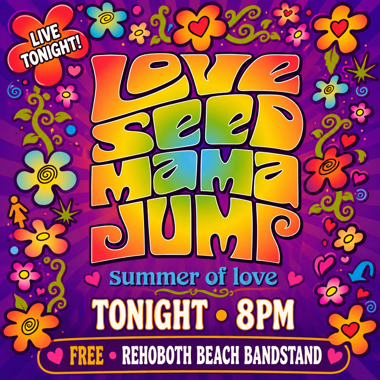🎸 Tonight at 8pm, @loveseedmamajump Love Seed Mama Jump brings their high-energy blend of classic hits, modern rock, and feel-good vibes to the @rehobothbandstand! 🎵
