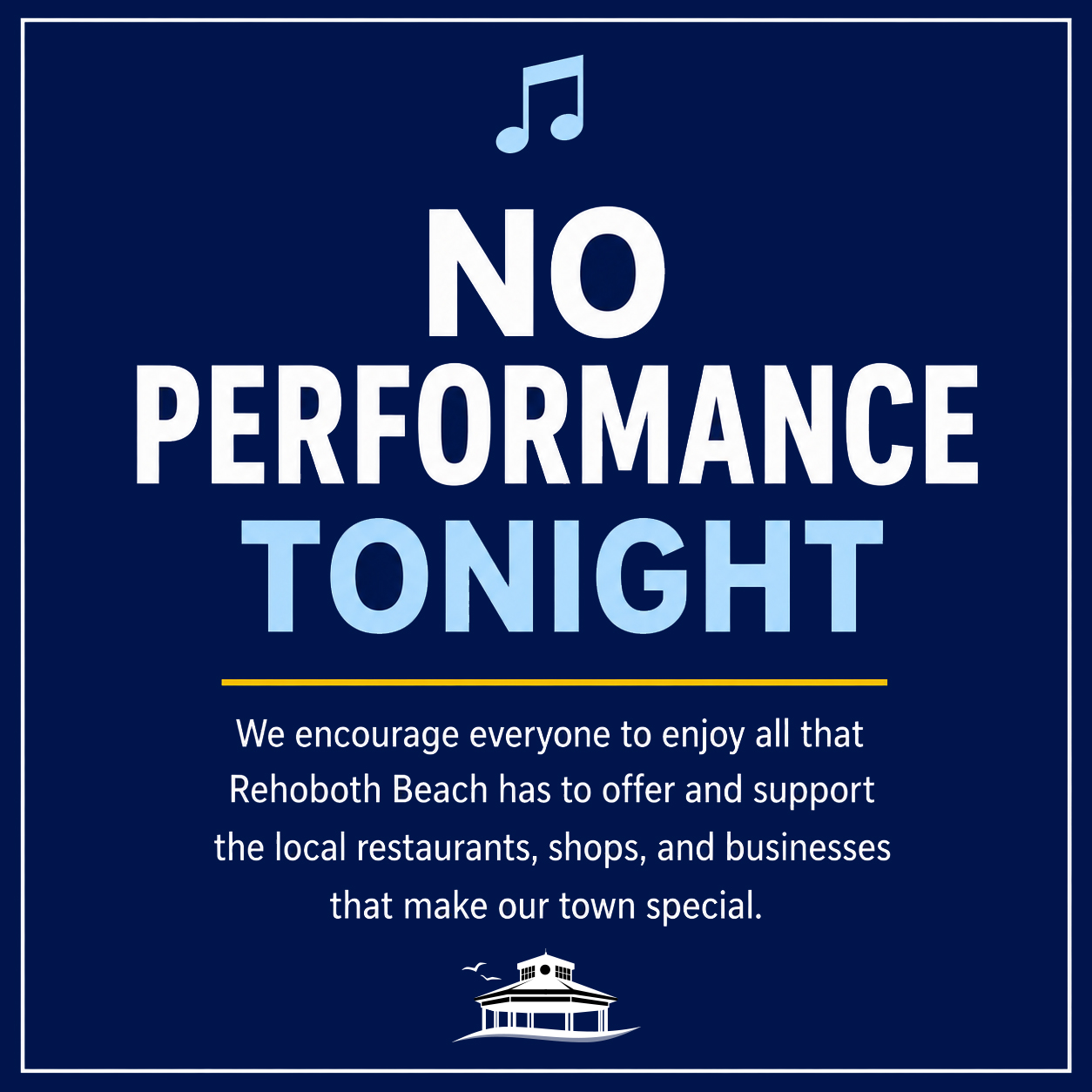🎶 While there won't be a performance at the Rehoboth Beach Bandstand tonight, there's still plenty to enjoy around town!

Take the evening to explore Rehoboth Beach's amazing restaurants, unique shops, and local businesses that make our community so special. Your support helps keep our downtown vibrant all season long.

We'll be back with live music tomorrow night at 8 PM. See you at the Bandstand! 🌊
