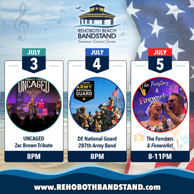 🎶 Three Nights of FREE Live Music at the Rehoboth Beach Bandstand! 🌊

We're excited for an incredible holiday weekend of live music in downtown Rehoboth Beach!

🤠 Friday, July 3 • 8 PM
@uncagedzbb – Zac Brown Tribute kicks things off with the songs, energy, and laid-back style of the Zac Brown Band.

🇺🇸 Saturday, July 4 • 8 PM
Celebrate Independence Day with the Delaware National Guard 287th Army Band, featuring patriotic favorites, popular classics, and entertainment for the whole family.

🎆 Sunday, July 5 • 8 PM - 11 PM
Close out the weekend with Funsters & Fireworks! The Funsters will perform from 8 PM until the fireworks, then return to the stage immediately afterward to keep the celebration going until approximately 11 PM.

Whether you're visiting for the holiday or spending the weekend close to home, we hope you'll join us for three great nights of music and summer fun at the Rehoboth Beach Bandstand! 🎵☀️