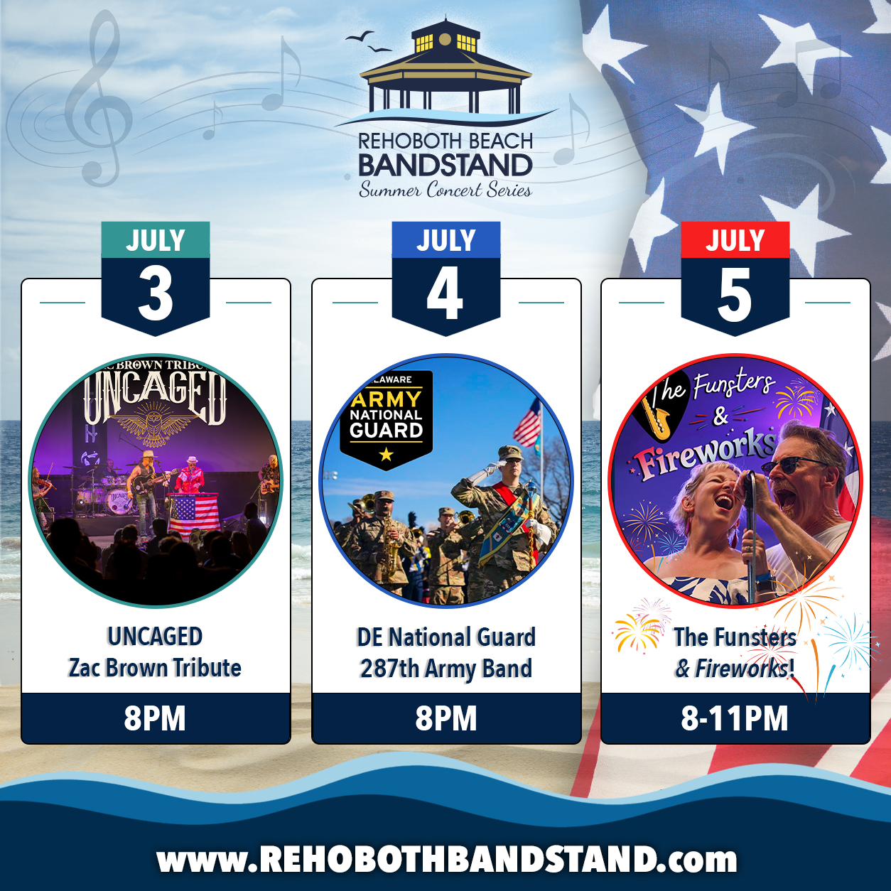 🎶 Three Nights of FREE Live Music at the Rehoboth Beach Bandstand! 🌊

We're excited for an incredible holiday weekend of live music in downtown Rehoboth Beach!

🤠 Friday, July 3 • 8 PM
@uncagedzbb – Zac Brown Tribute kicks things off with the songs, energy, and laid-back style of the Zac Brown Band.

🇺🇸 Saturday, July 4 • 8 PM
Celebrate Independence Day with the Delaware National Guard 287th Army Band, featuring patriotic favorites, popular classics, and entertainment for the whole family.

🎆 Sunday, July 5 • 8 PM - 11 PM
Close out the weekend with Funsters & Fireworks! The Funsters will perform from 8 PM until the fireworks, then return to the stage immediately afterward to keep the celebration going until approximately 11 PM.

Whether you're visiting for the holiday or spending the weekend close to home, we hope you'll join us for three great nights of music and summer fun at the Rehoboth Beach Bandstand! 🎵☀️