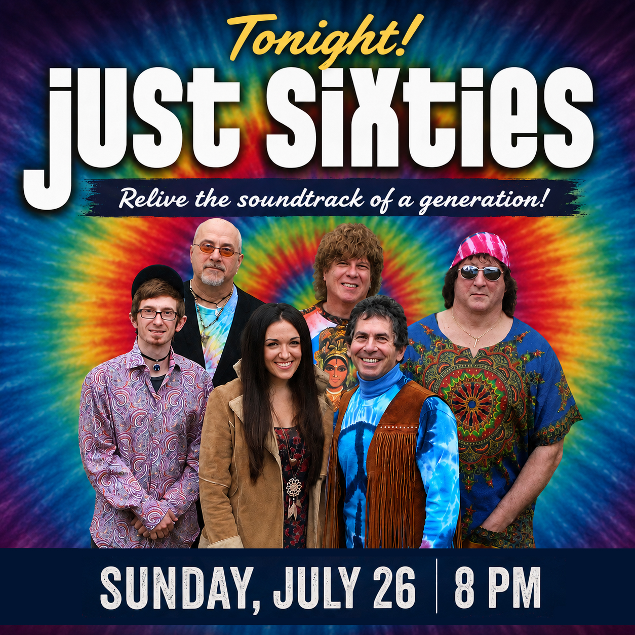 🌼 Tonight at the @rehobothbandstand! 🌼

Take a trip back to the decade that changed music forever as Just Sixties brings the unforgettable hits of the 1960s to life! From the British Invasion to Motown, folk rock to psychedelic classics, you'll hear the songs that defined a generation performed live by one of the nation's premier '60s tribute bands.