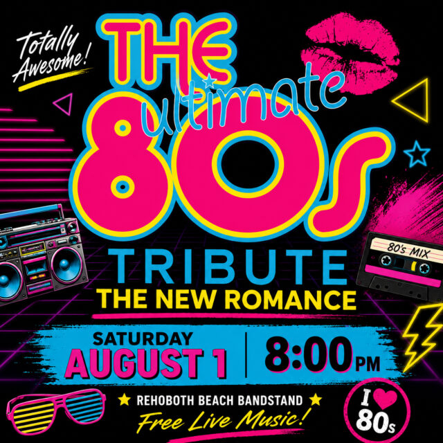 🎶 Dust off the denim, tease up the hair, and get ready to party like it's the '80s!

💋 @thenewromance80s The New Romance "The Ultimate 80's Tribute Band" takes the @rehobothbandstand stage this Saturday at 8 PM for a high-energy tribute to one of music's most unforgettable decades. From new wave and synth-pop to arena rock and iconic singalongs, you'll hear the hits that defined the era.

💿 Whether you grew up in the '80s or just wish you had, this is your chance to relive the music, the memories, and the unmistakable soundtrack of the decade!