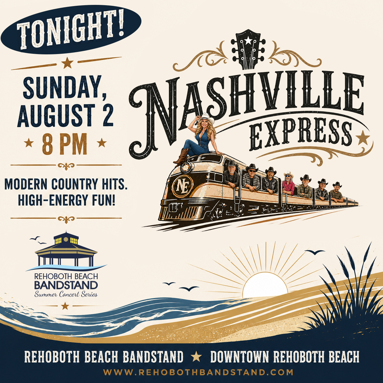 🚉 Next stop: Country Music! 🤠🎸

@nashvilleexpressband rolls into the @rehobothbandstand tonight at 8 PM, bringing a full-speed lineup of today's biggest country hits and fan favorites. From high-energy anthems to sing-along favorites, this eight-piece band delivers a show that's built to keep the crowd moving.

Hop aboard for an evening of incredible live music by the ocean! It's the perfect way to wrap up your weekend in Rehoboth Beach!
