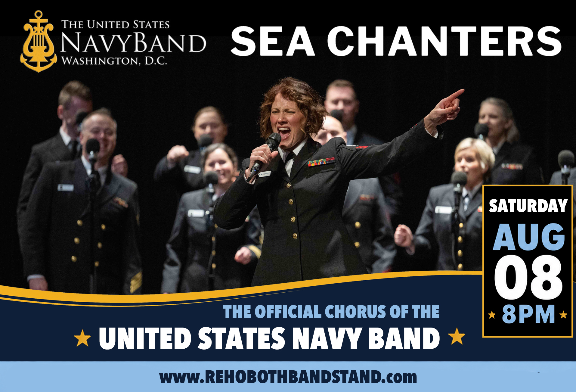 Tonight, the Rehoboth Beach Bandstand welcomes the U.S. Navy Band Sea Chanters! ⚓🇺🇸

As the official chorus of the United States Navy, the Sea Chanters bring exceptional musicianship and powerful harmonies to the stage with a diverse program featuring patriotic favorites, Broadway classics, sea chanteys, and popular music.

Come experience an inspiring evening of music and celebrate the talent and tradition of the United States Navy right here in downtown Rehoboth Beach!

⭐️ We’ll see you at the Bandstand!