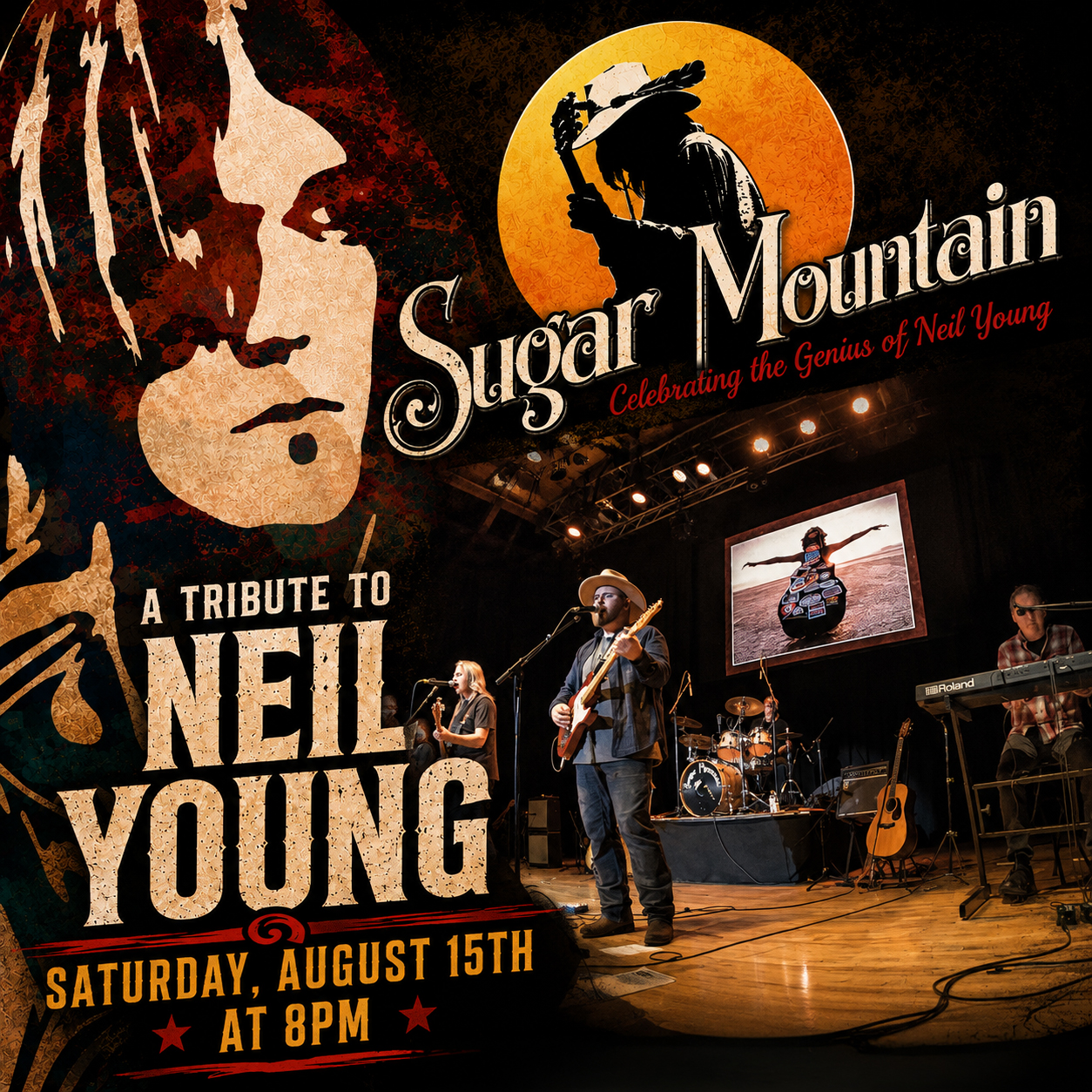 🎸 Join us tonight, Saturday, August 15 at 8 PM for an evening celebrating the music and legacy of Neil Young.

Sugar Mountain brings the songs of one of rock’s most influential singer-songwriters to life, spanning the many eras and sounds of Neil Young’s incredible career. Come enjoy the music and celebrate the genius of Neil Young at the Rehoboth Beach Bandstand! 🎵